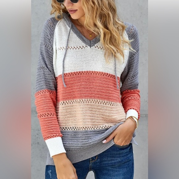 S M L 1X 2X 3X Knitted Color Block PullOver Hoodie - Picture 1 of 4